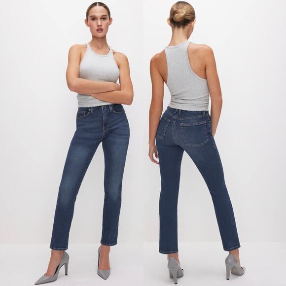 NWT Good American Good Legs Straight Jeans Blue004 Sz 14 / 32 Dark Stretch Denim - Picture 16 of 16